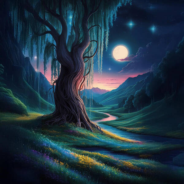 Whispers of the Moonlit Willow - Art Print