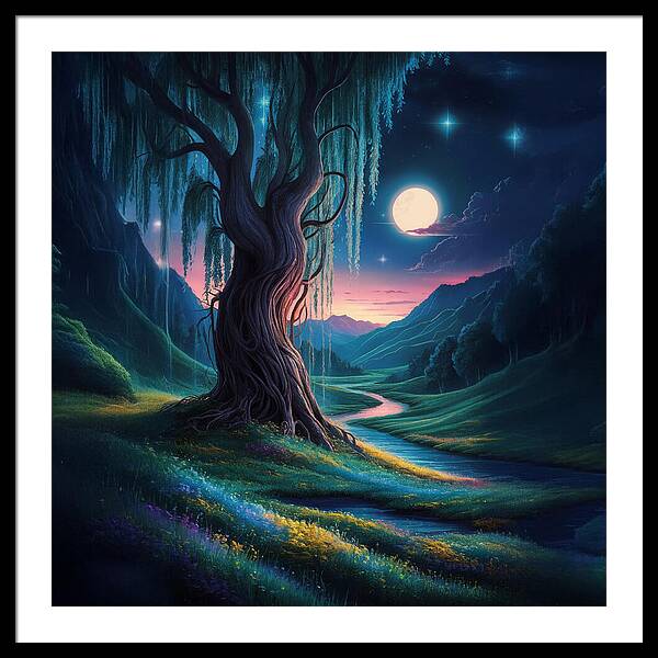 Whispers of the Moonlit Willow - Framed Print